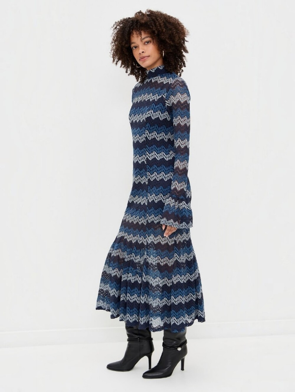 En Saison Lorrae Navy Tonal Zigzag/Chevron Pattern Lace Midi Dress, M, Boho Fall - Picture 3 of 16